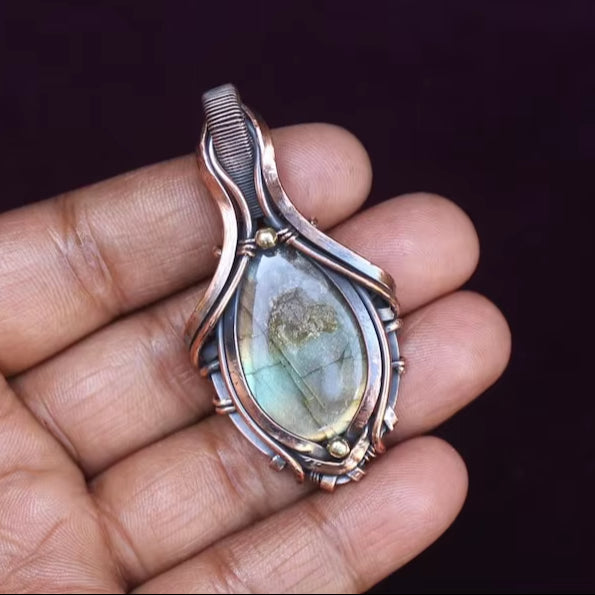 Natural Fire Labradorite Pendant - Handmade Copper Wire Wrapped Jewelry
