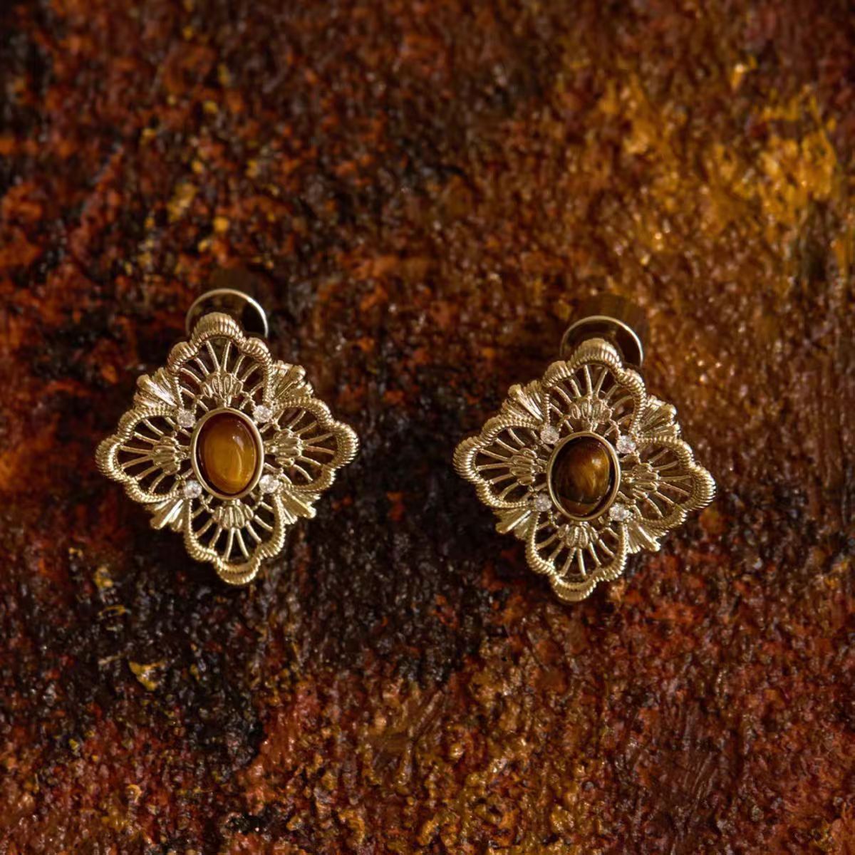 Autumnal Glow Tiger Eye Studs - Floral Vintage Charm