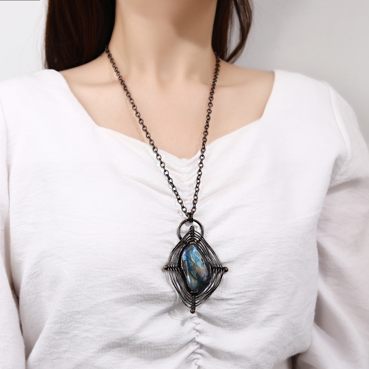Vintage Hand-Woven Spider Web Labradorite Pendant Necklace