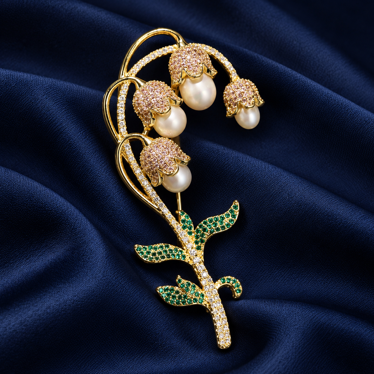 Lily of the valley brooch with gold-tone freshwater pearl drops, main view