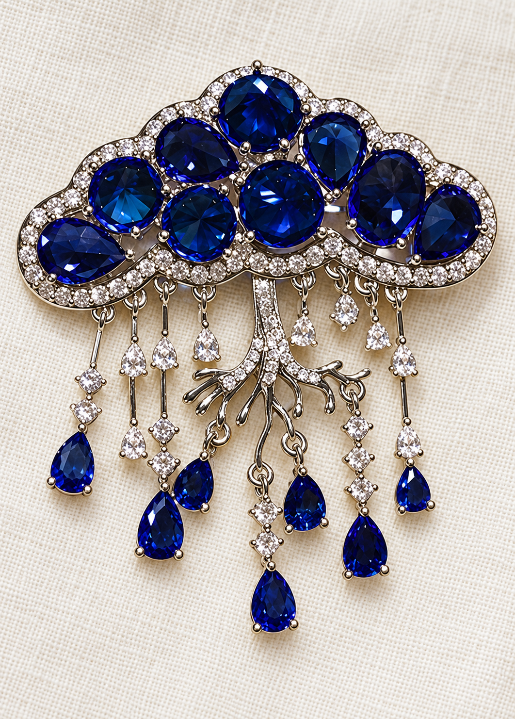 Dark Blue Cloud cloud tassel brooch and pendant in a tabletop setting