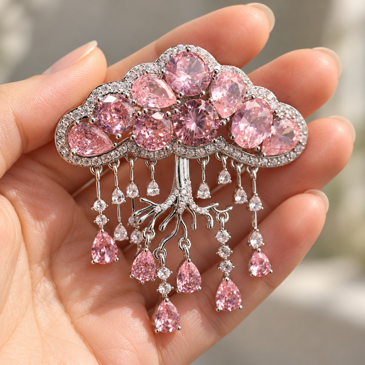 Pink Cloud cloud tassel brooch and pendant held in a hand