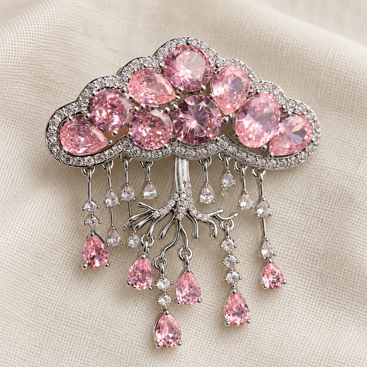 Pink Cloud cloud tassel brooch and pendant in a tabletop setting