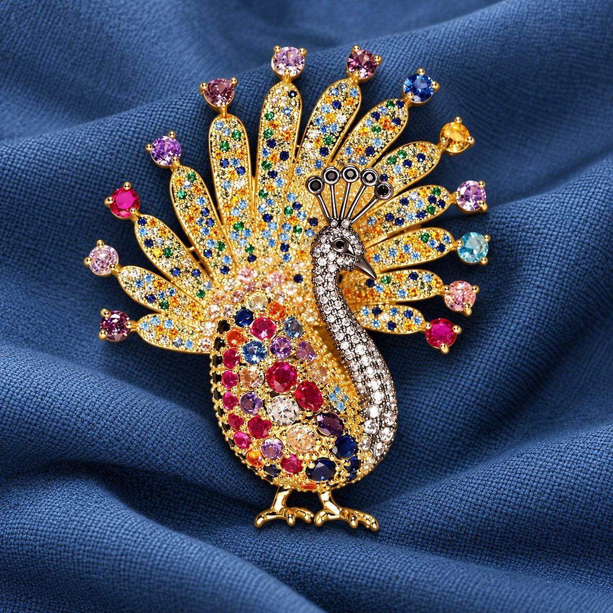 Peacock brooch, gold tone with a white neck and multicolor fan tail