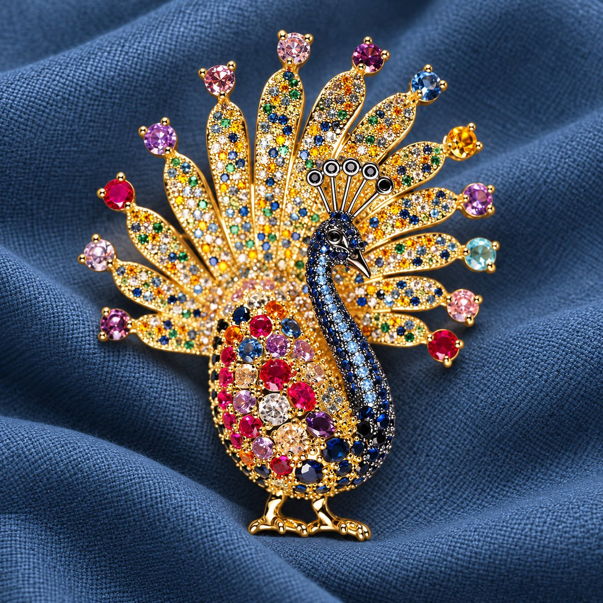 Gold-tone multicolor peacock brooch with a dark green neck
