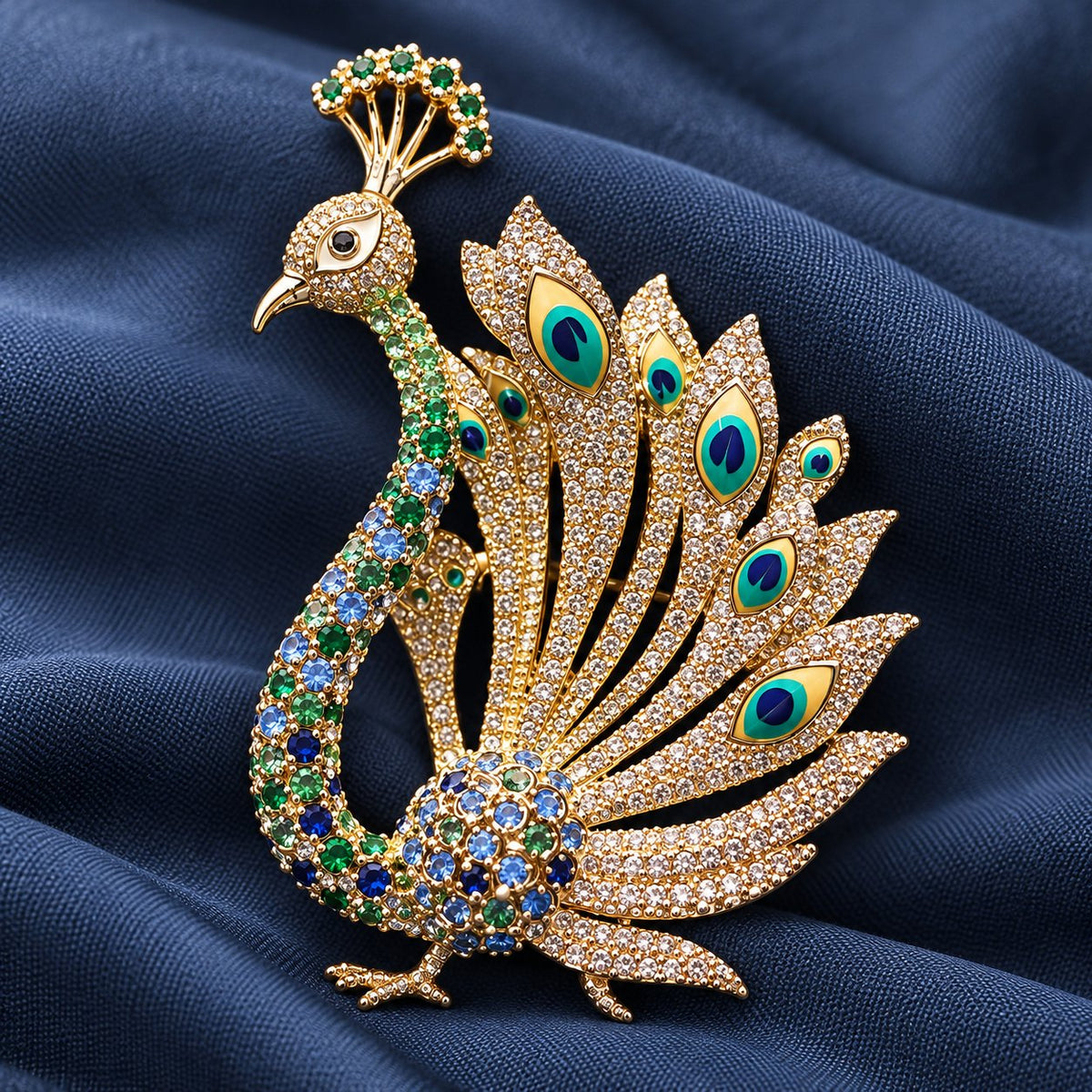 Green display peacock brooch with sweeping tail feathers