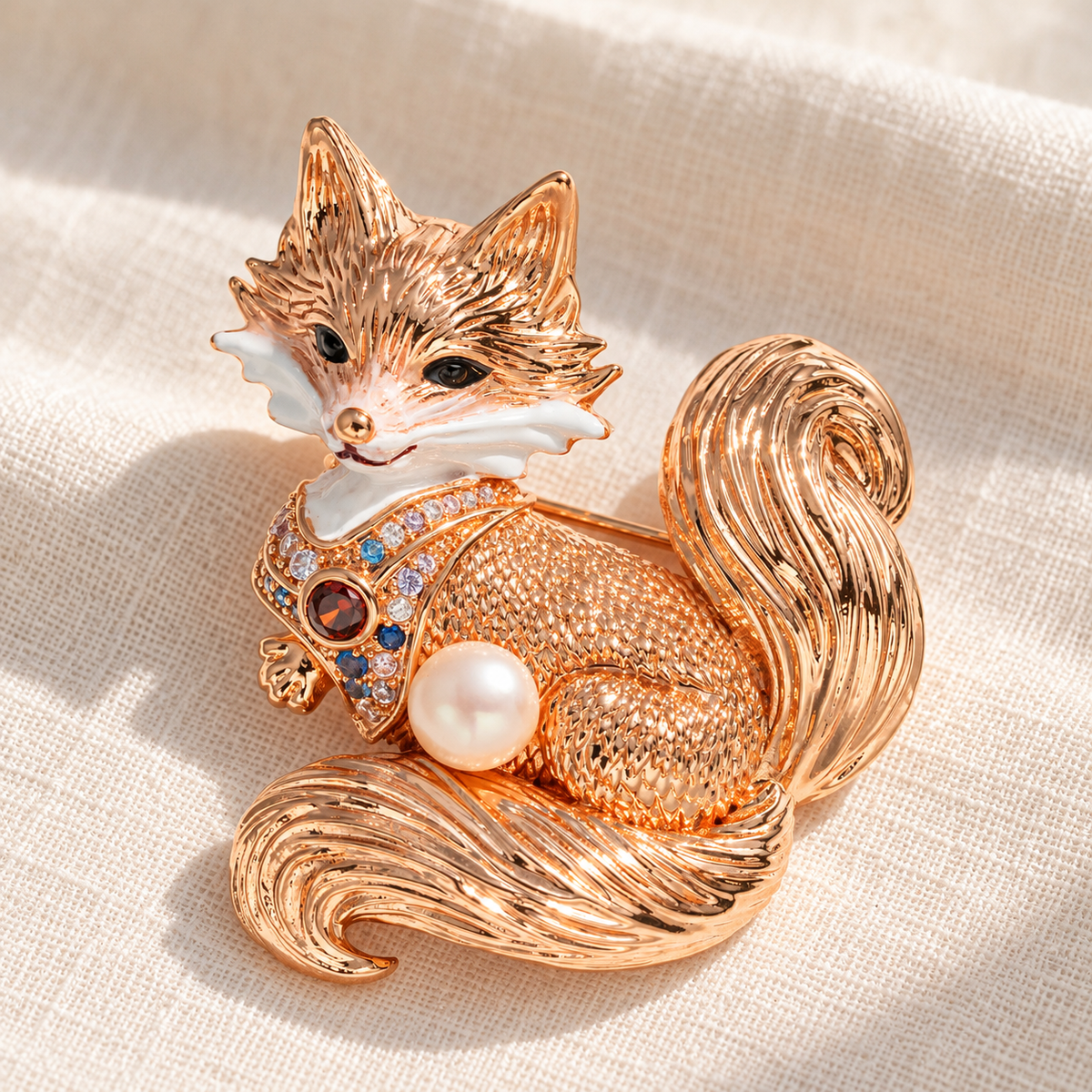 YC016 Rose Gold Tone freshwater pearl fox brooch on fabric