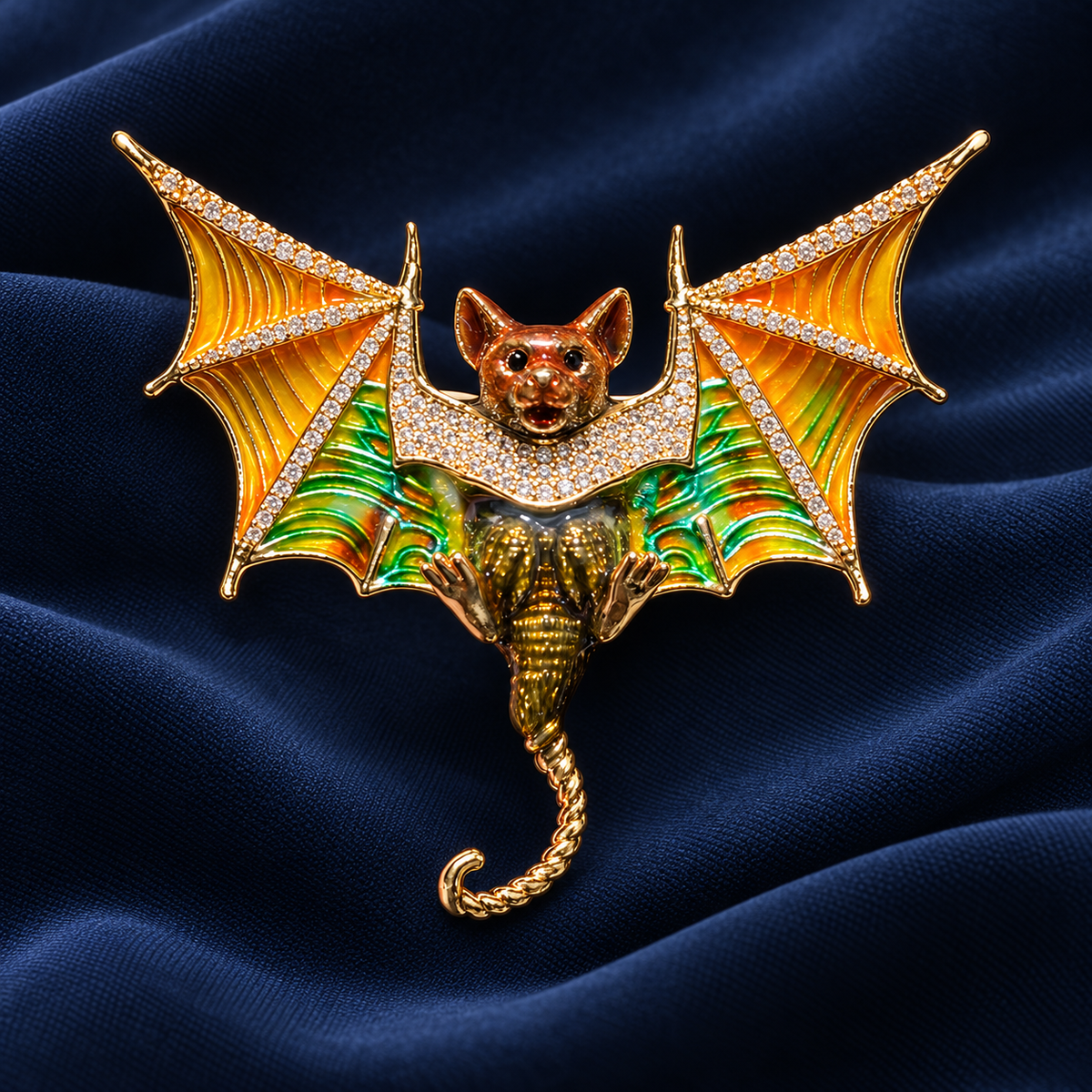 Colorful copper bat brooch with orange and green wings and curled tail, main view