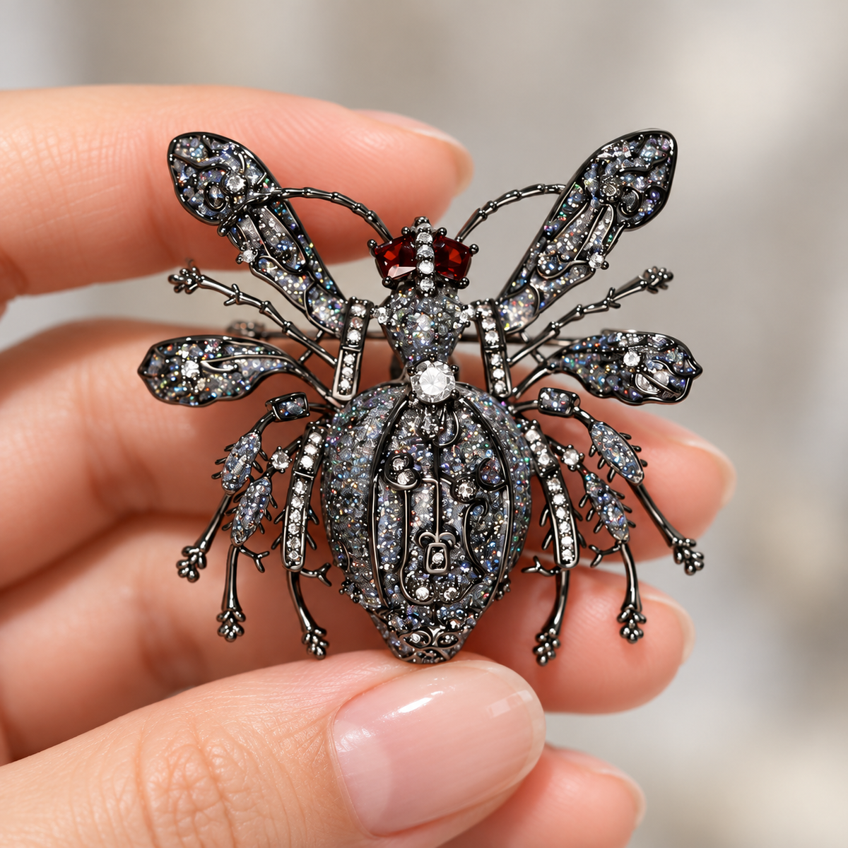Gunmetal Black Ant brooch held in a hand