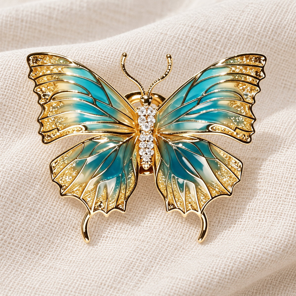Iridescent Blue Butterfly brooch in a tabletop setting