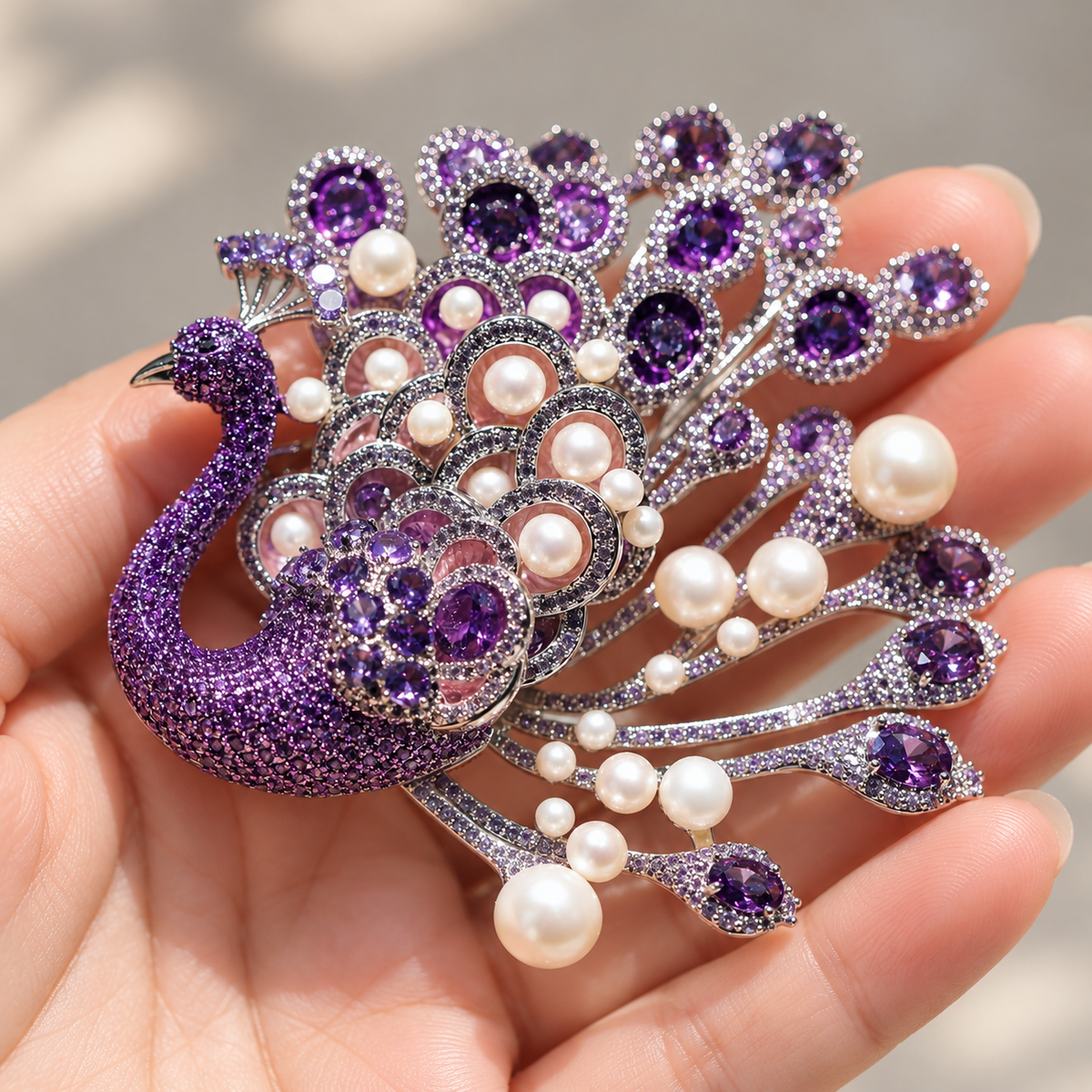 Purple Peacock with Shell Pearls purple peacock pearl brooch held in a hand