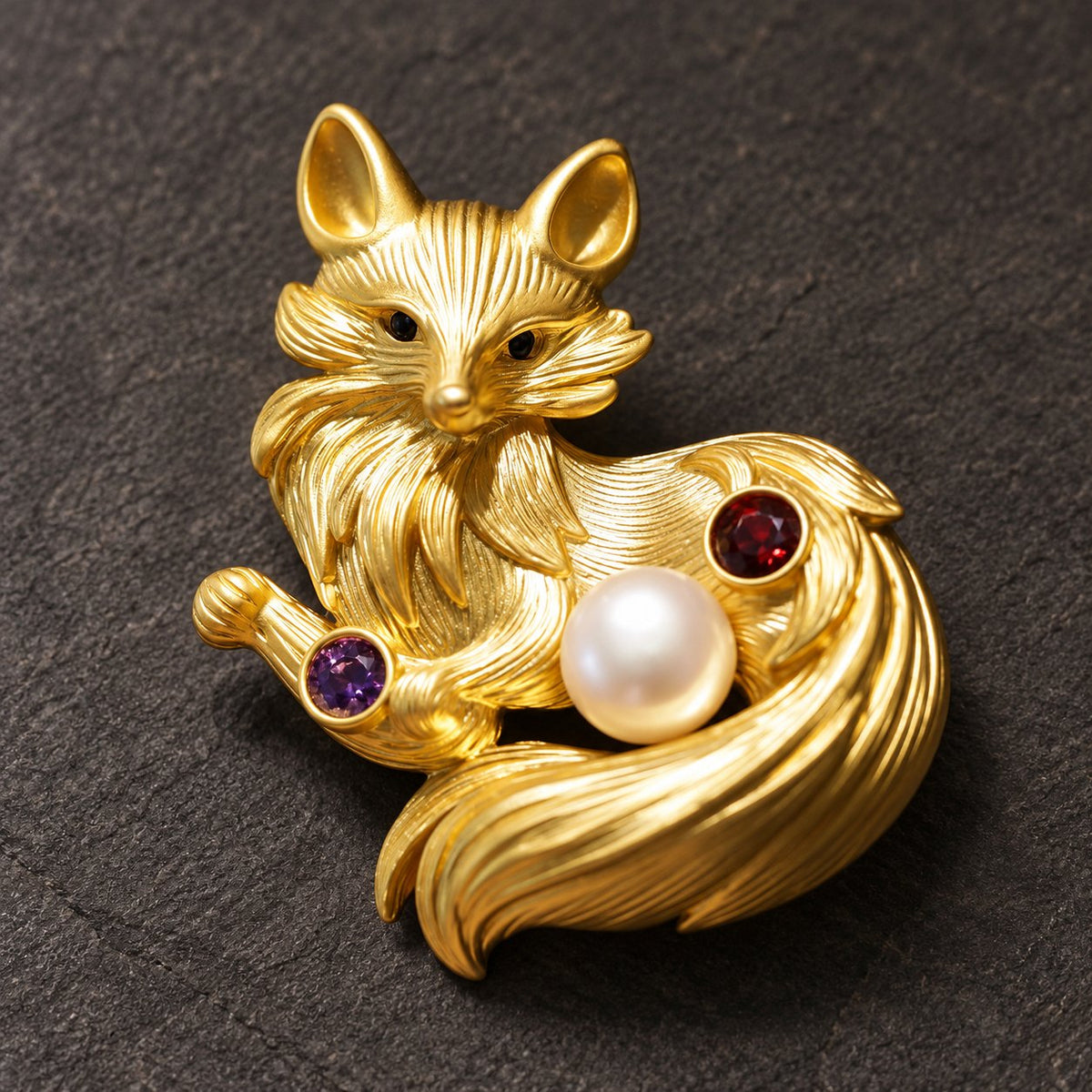 Gold Tone freshwater pearl fox brooch, front view