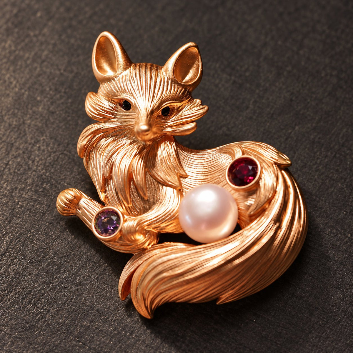 Rose Gold Tone freshwater pearl fox brooch, front view