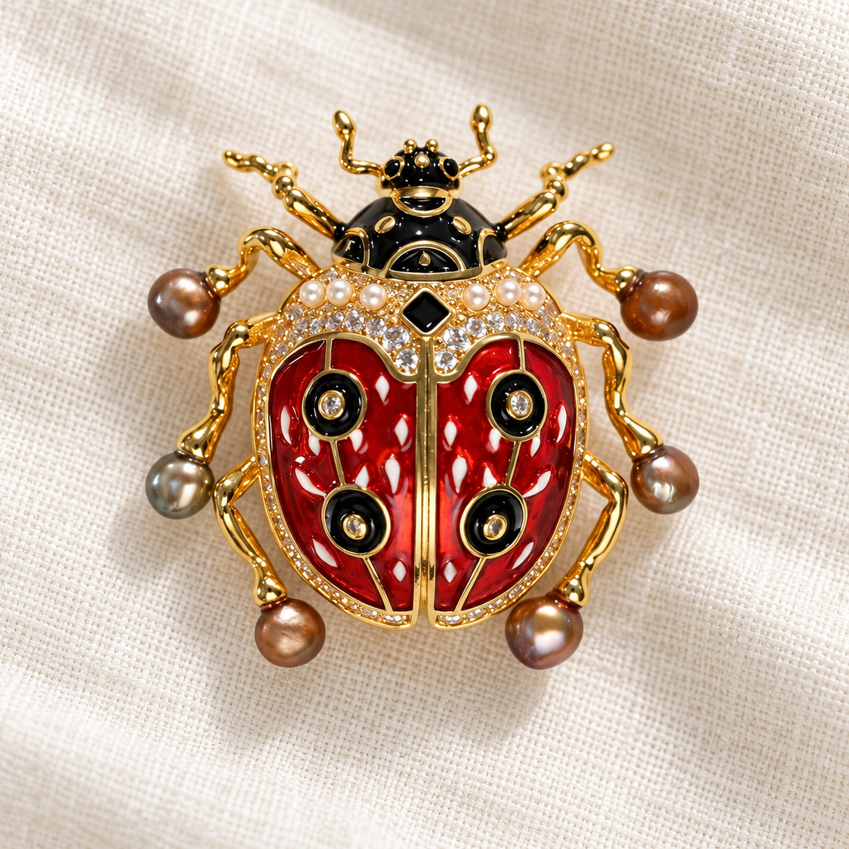 Baroque Pearl ladybug brooch in a tabletop setting
