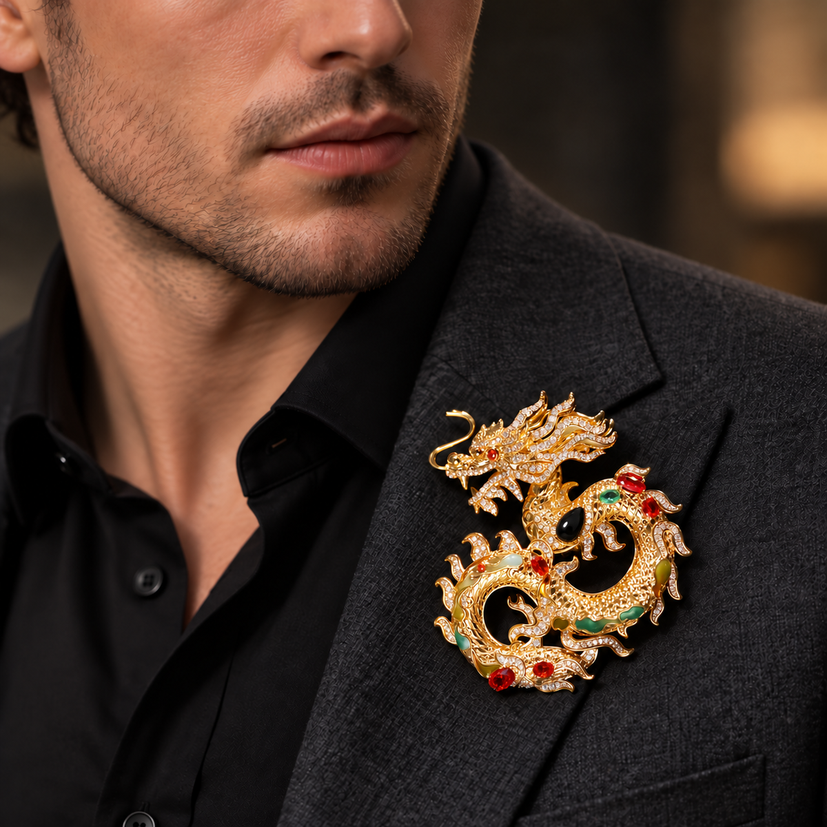 Dragon brooch worn on clothing