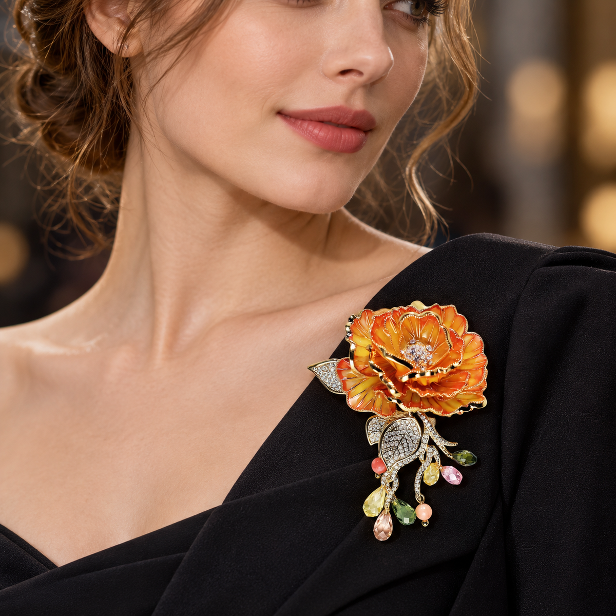 Orange Rose enamel rose brooch worn on clothing