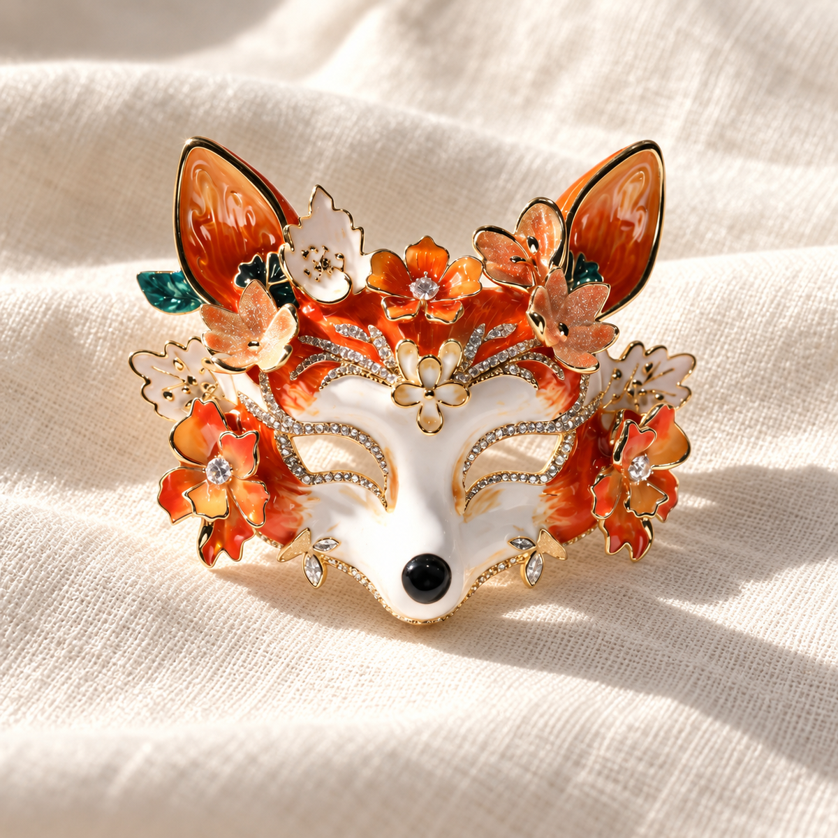 Glossy floral fox mask brooch on soft fabric
