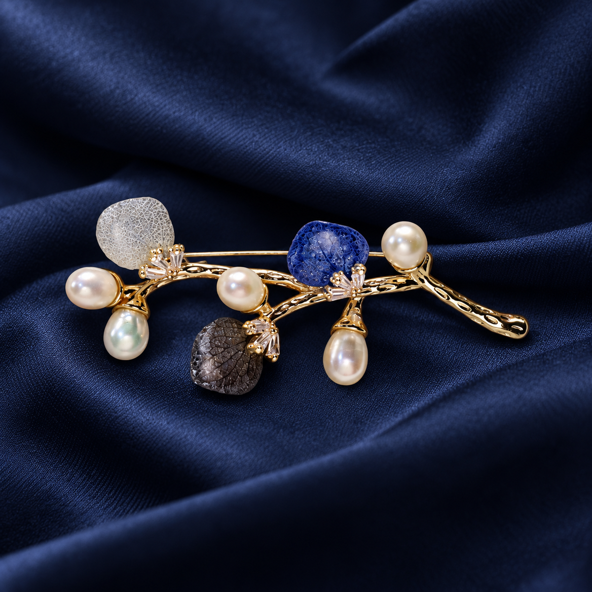 Blue Gray dried flower and pearl branch brooch, front view