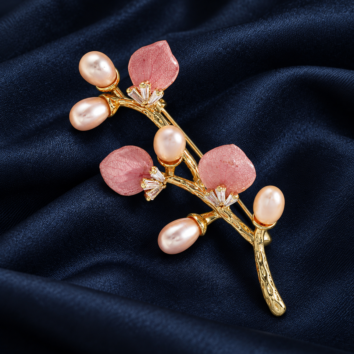 Gold Pink dried flower and pearl branch brooch, front view