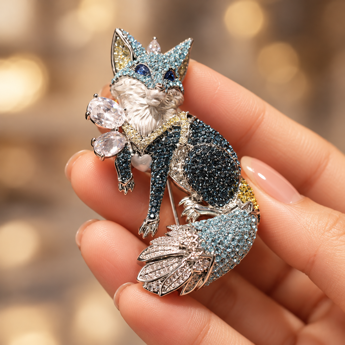 Blue fox brooch and pendant shown held in a hand