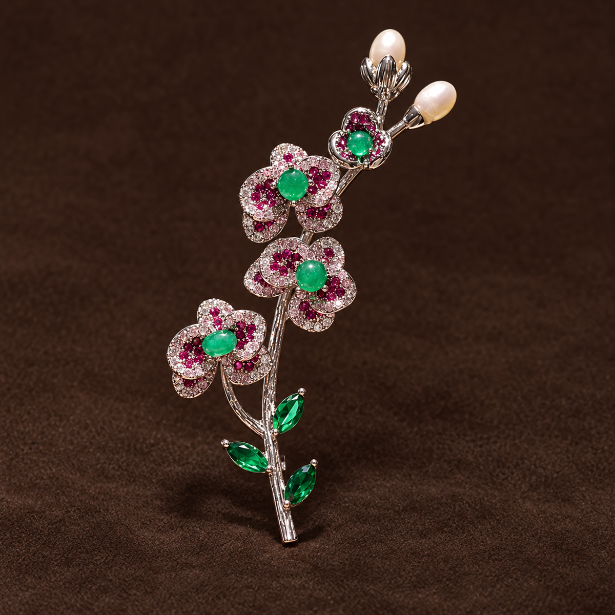 Plum blossom brooch with green centers, purple-red details and two white pearls