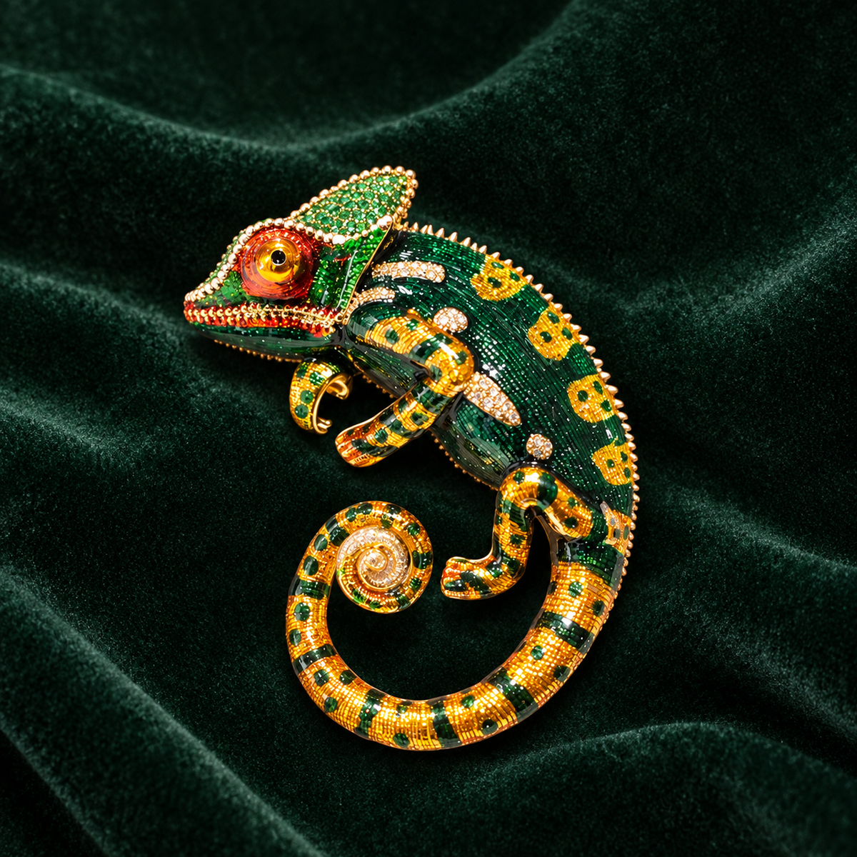 Green chameleon brooch with a red-orange eye, yellow markings and a curled tail