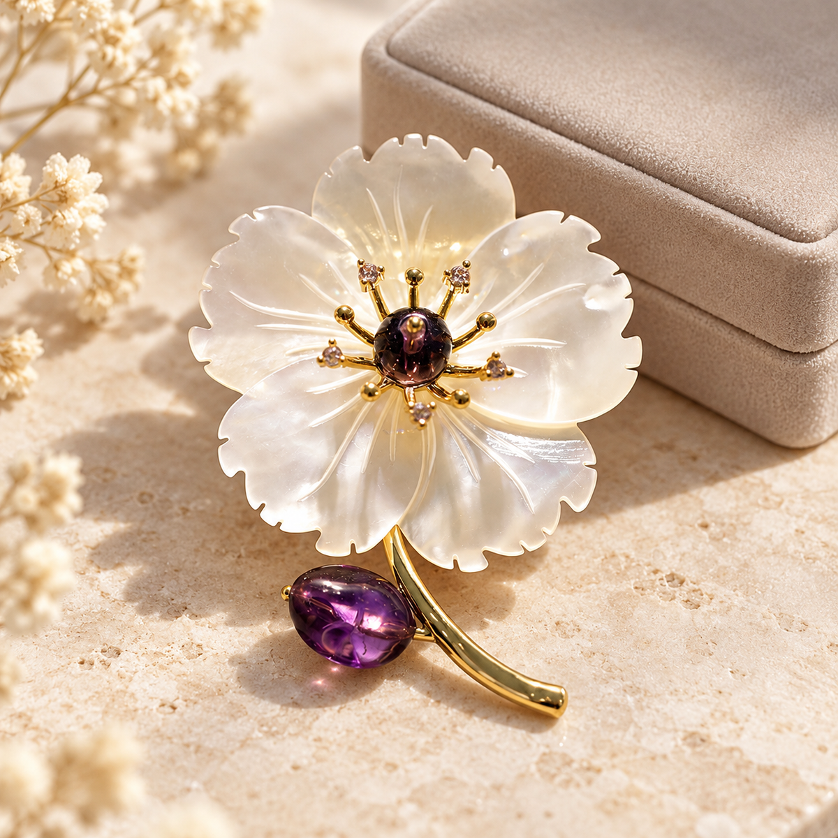 Purple shell flower brooch in a tabletop display