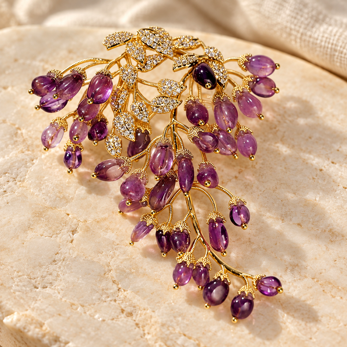 Natural Amethyst wisteria brooch, styled tabletop display