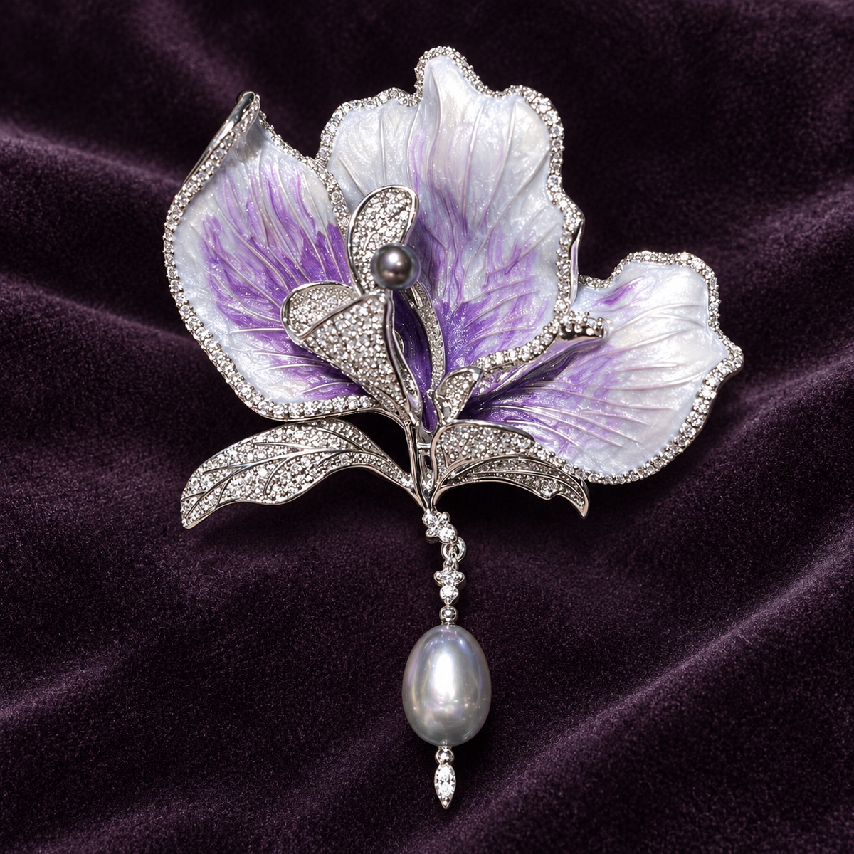 Purple with Gray Pearl canna flower brooch