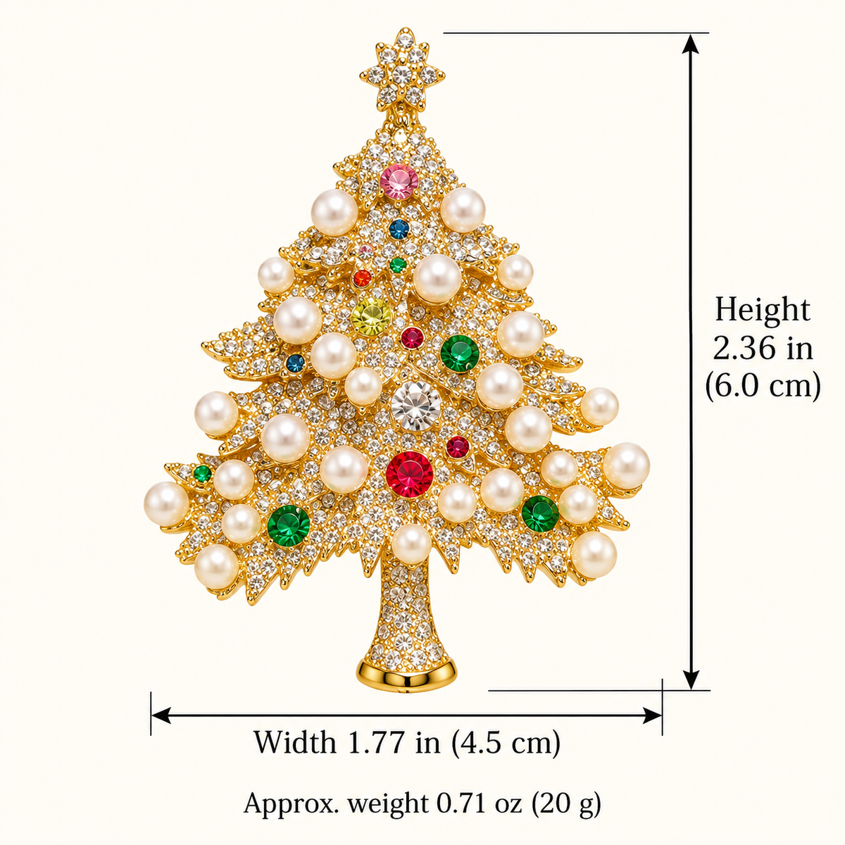 Christmas tree brooch size diagram: approx. 6 cm high, 4.5 cm wide and 20 g