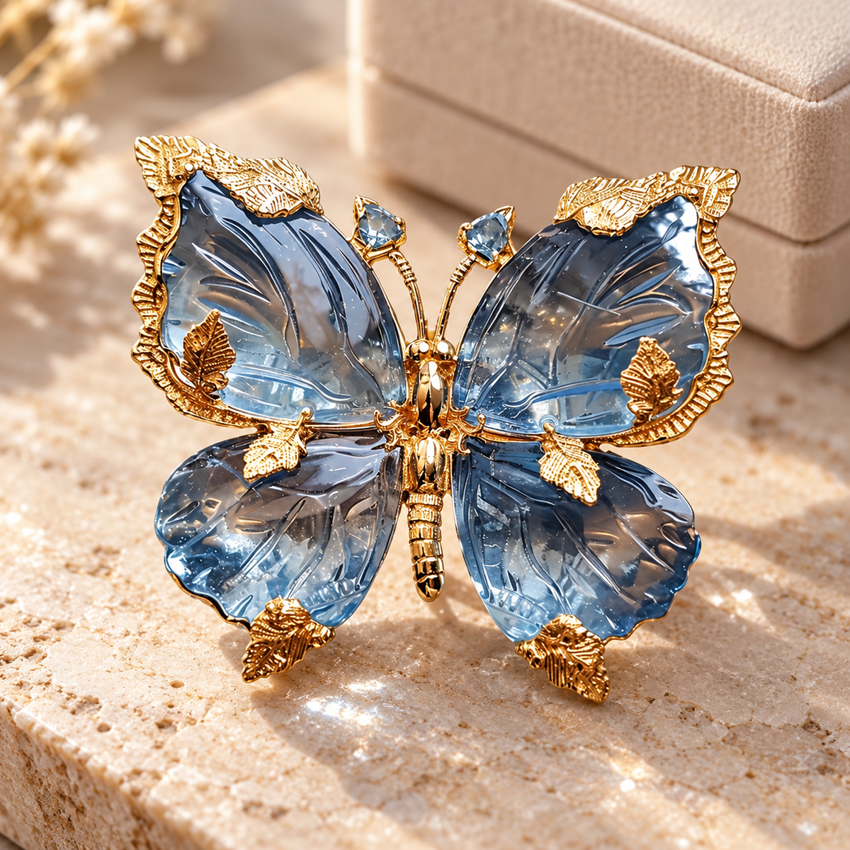 Blue butterfly brooch design in a tabletop display