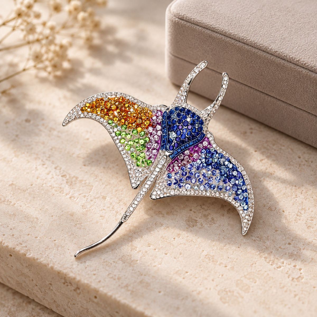 Manta ray brooch in a styled tabletop display