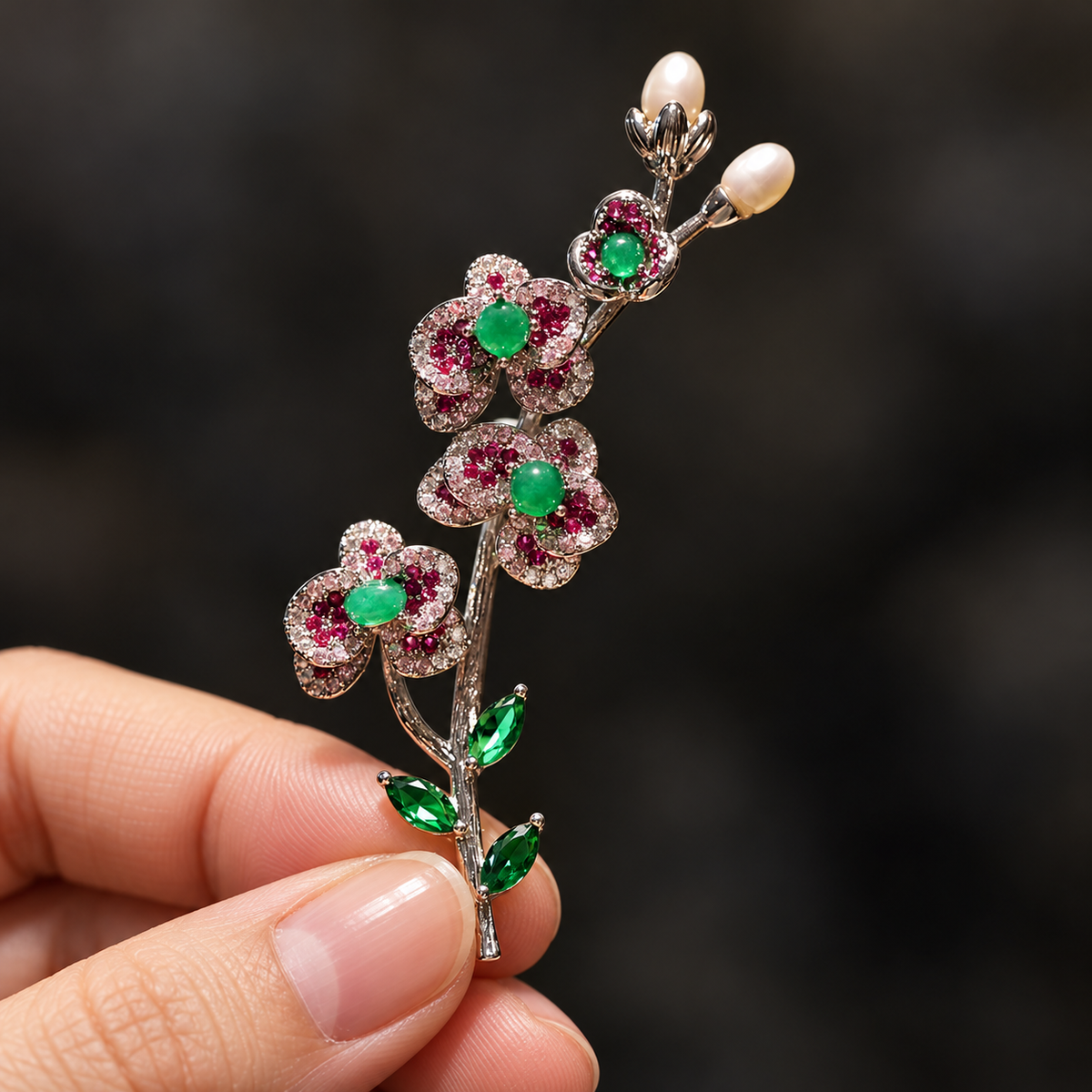 Plum blossom brooch held in a hand