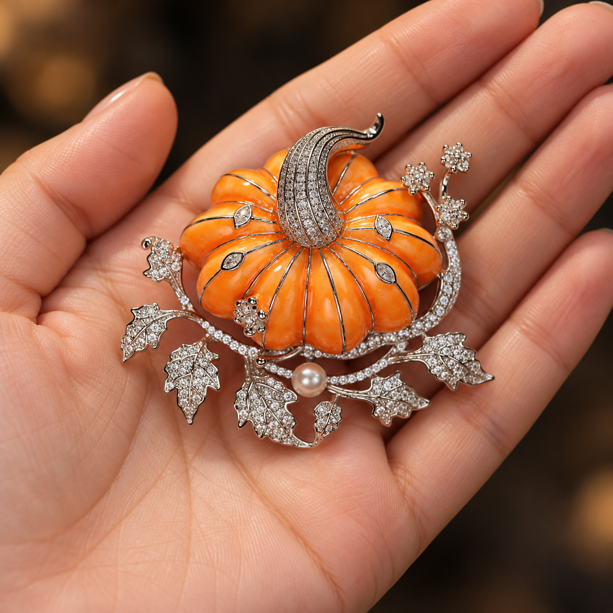 Orange pumpkin brooch held in a hand, shared design illustration