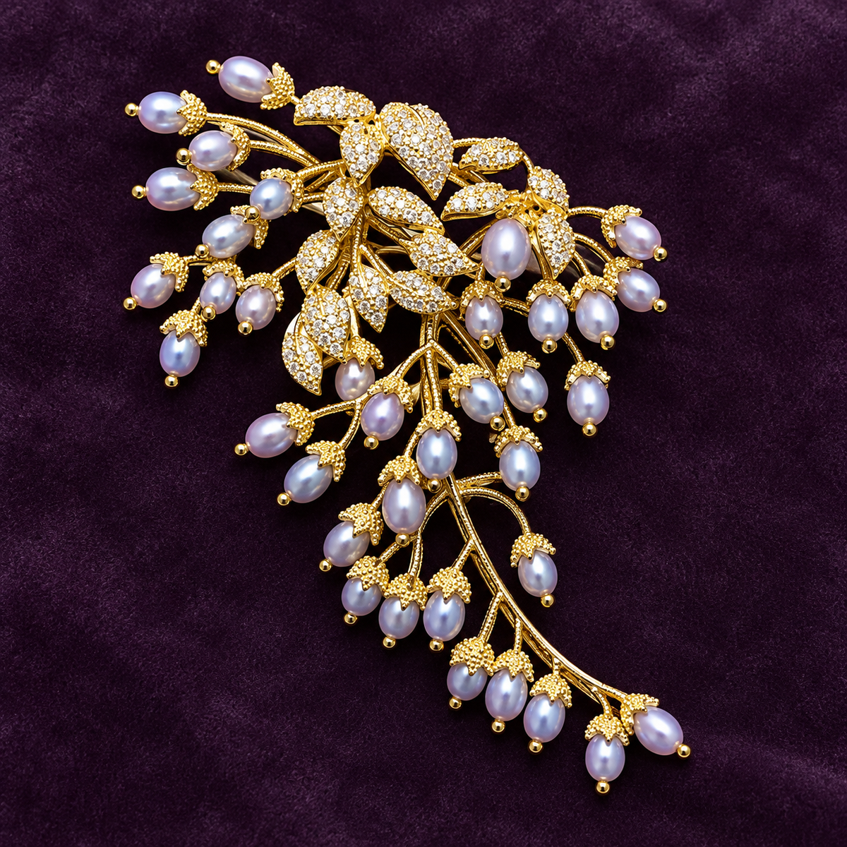 Natural Gray Freshwater Pearl wisteria brooch, front view