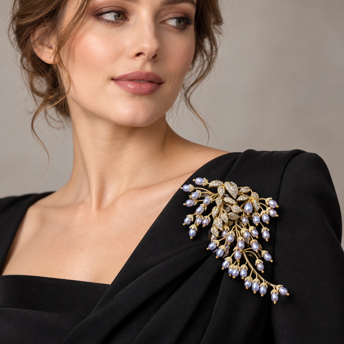 Natural Gray Freshwater Pearl wisteria brooch, worn on formal clothing