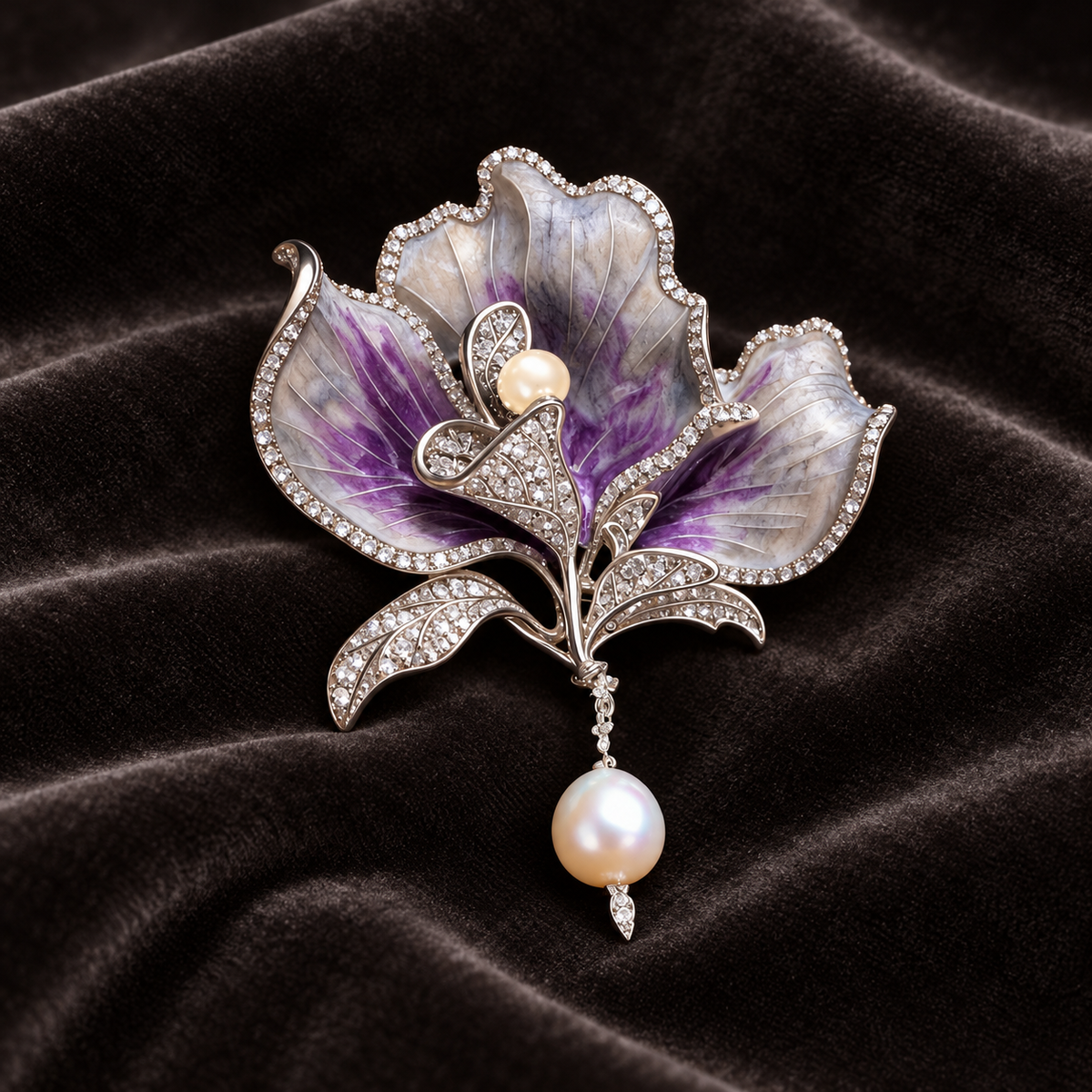 Purple with Shell Pearl canna flower brooch