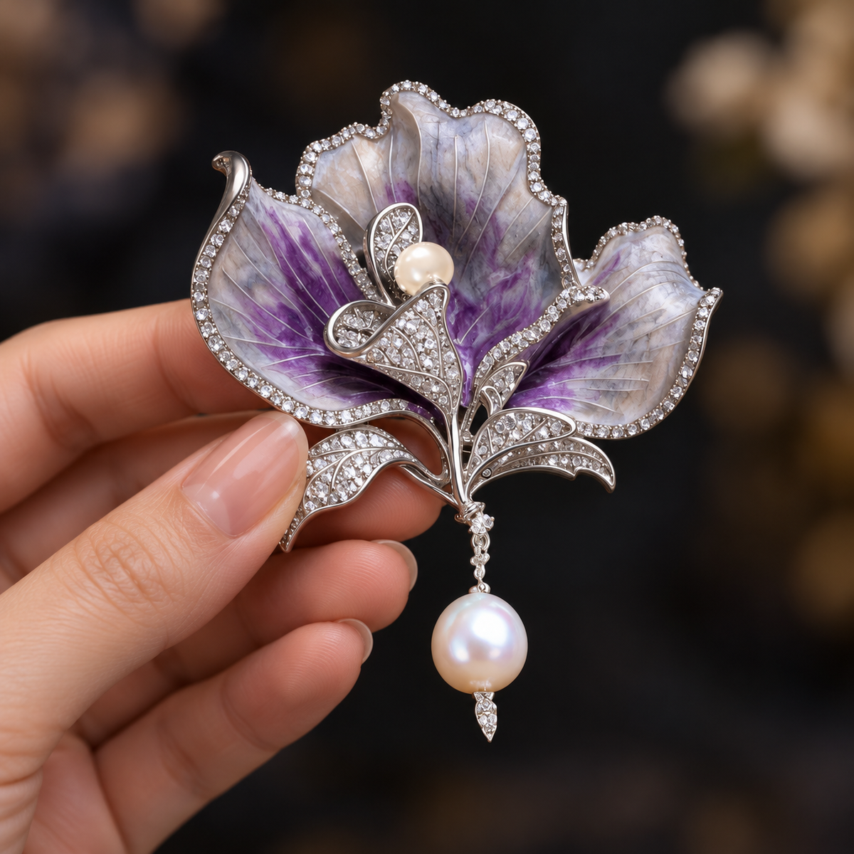 Purple with Shell Pearl canna flower brooch held in a hand