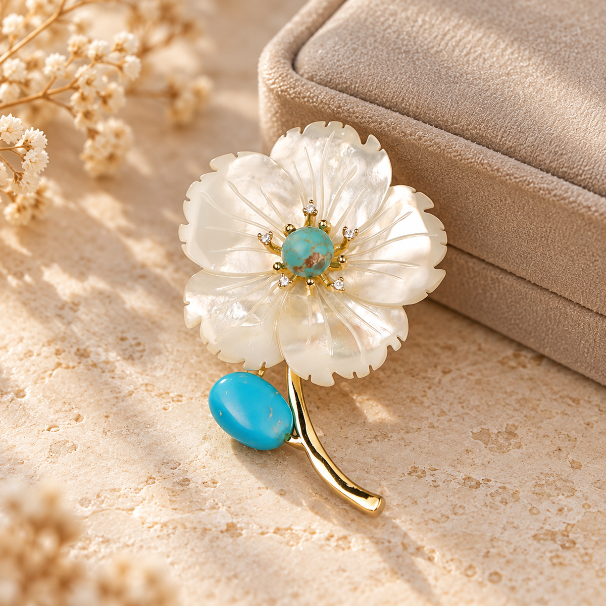 Blue shell flower brooch in a tabletop display