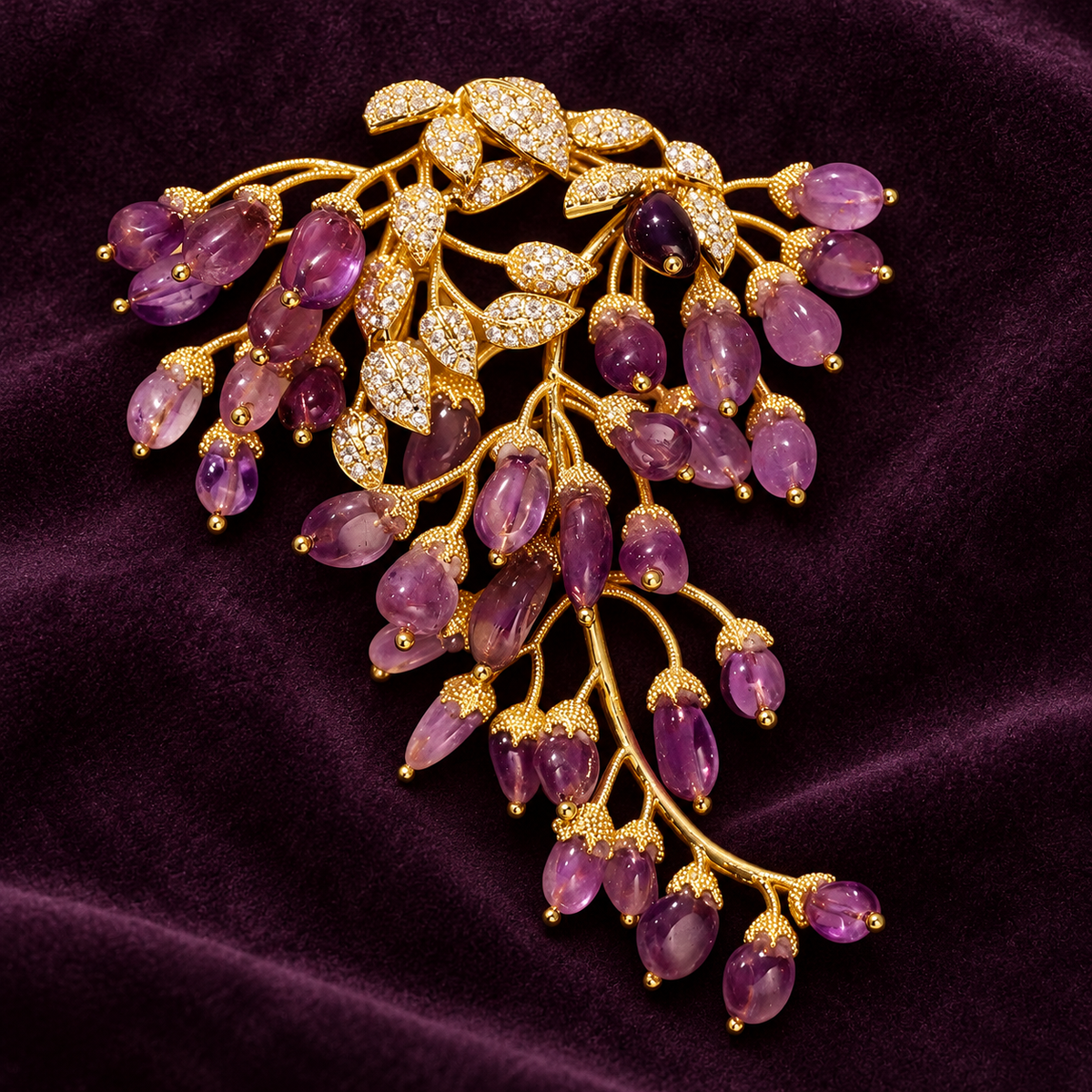 Natural Amethyst wisteria brooch, front view