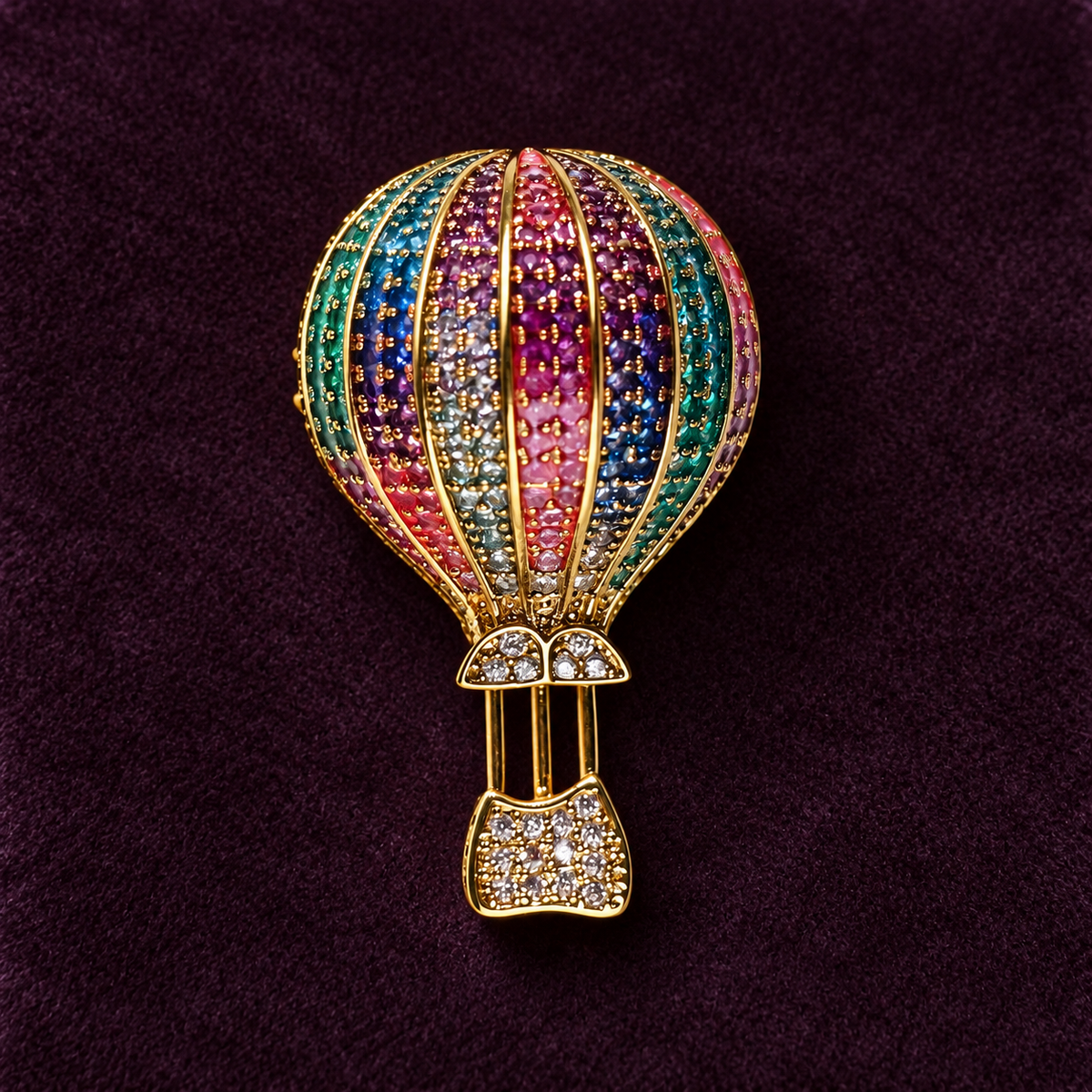 Gold Multicolor hot air balloon brooch and pendant front view
