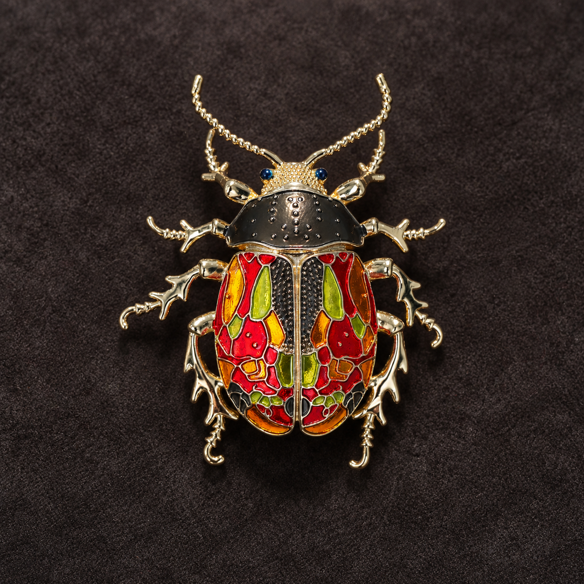 Multicolor enamel beetle brooch, front view