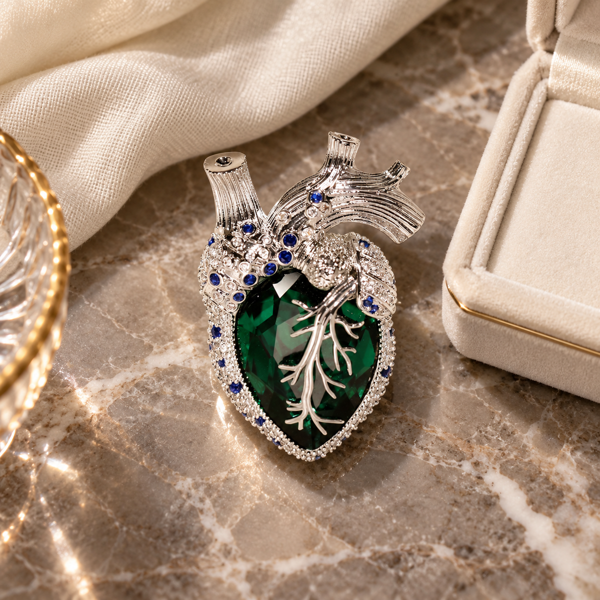 Silver Tone Green anatomical heart brooch in a tabletop display
