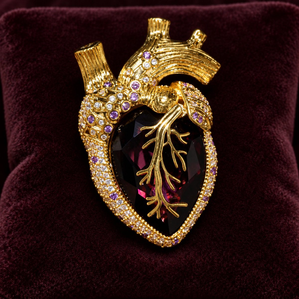 Gold Tone Purple anatomical heart brooch