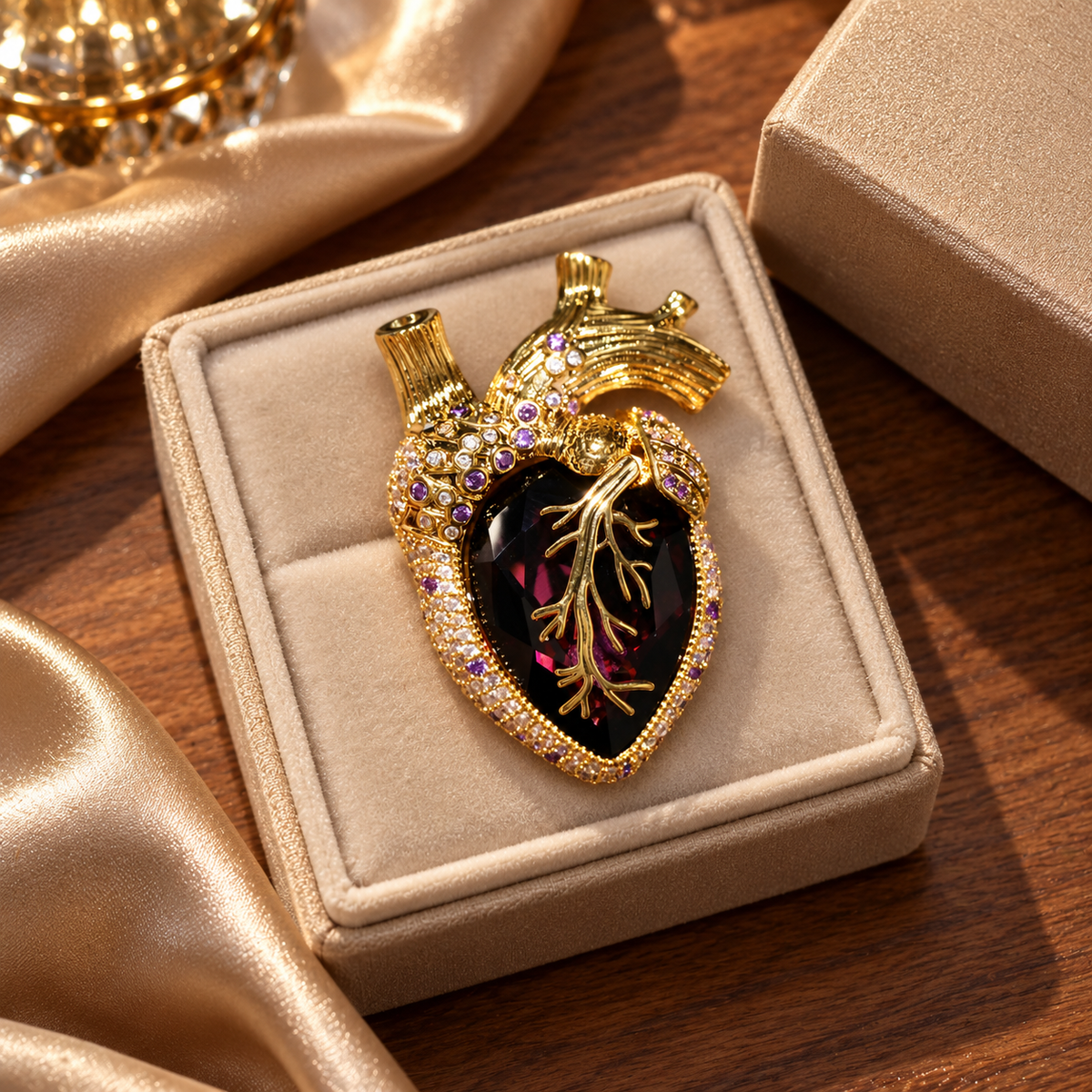 Gold Tone Purple anatomical heart brooch in a tabletop display