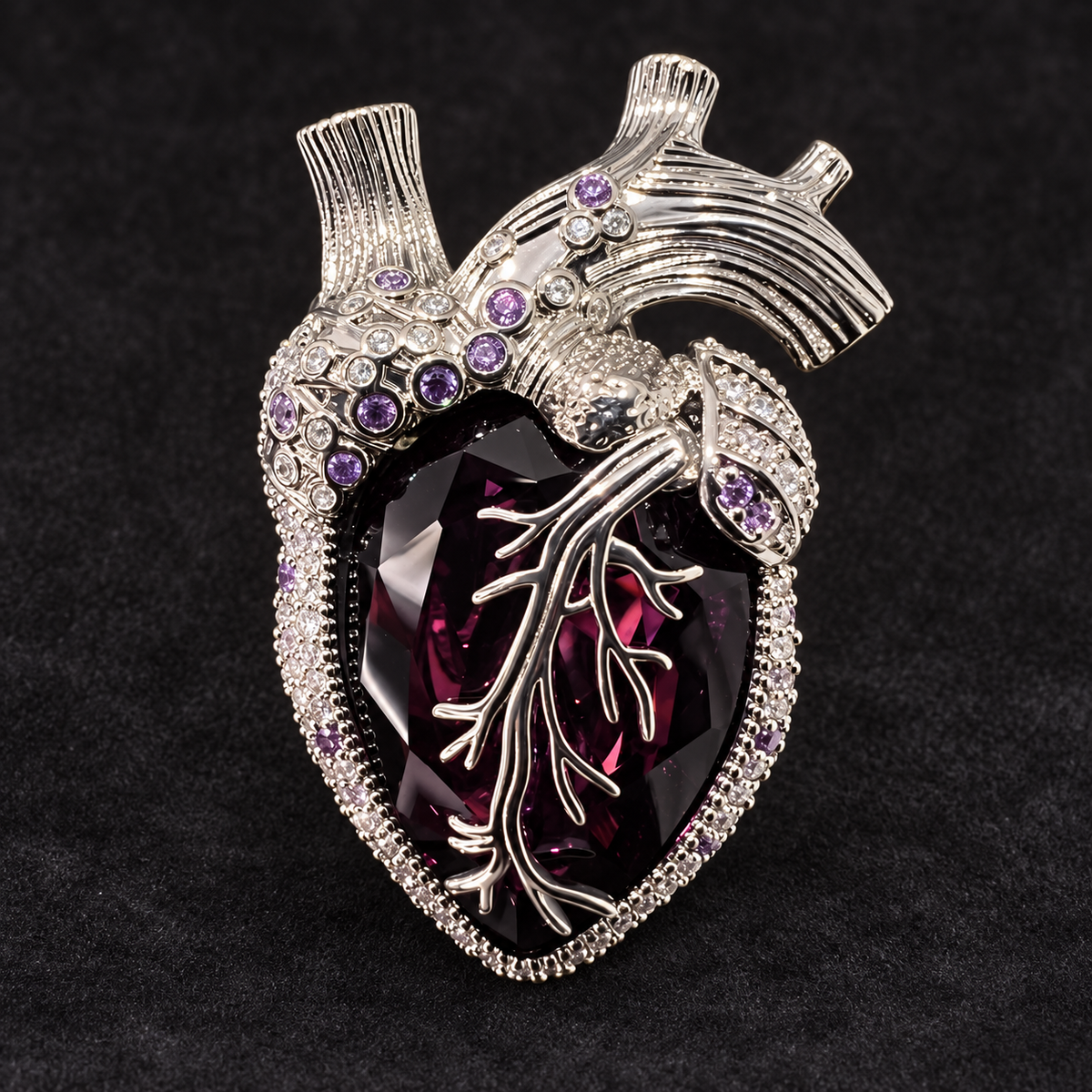 Silver Tone Purple anatomical heart brooch