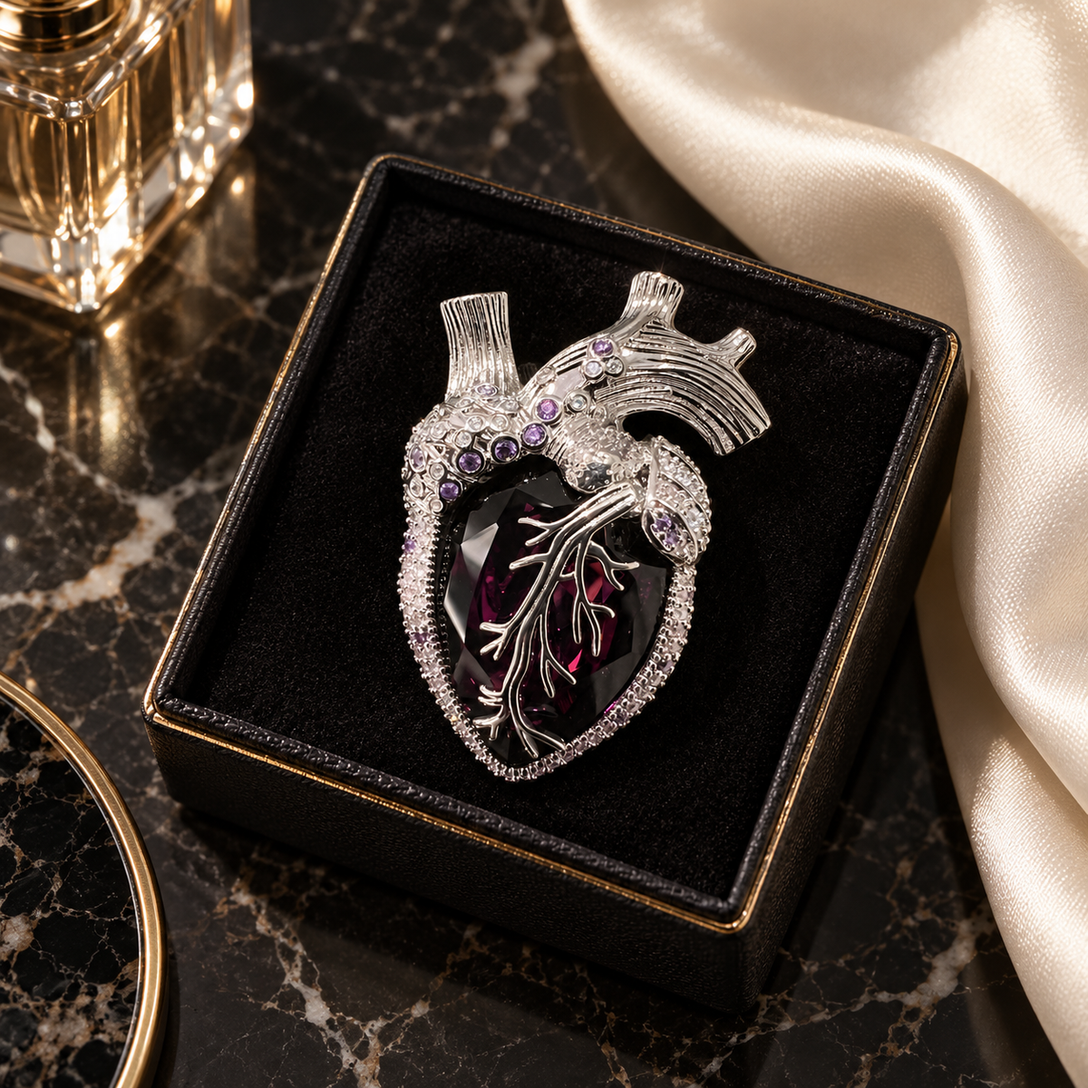 Silver Tone Purple anatomical heart brooch in a tabletop display