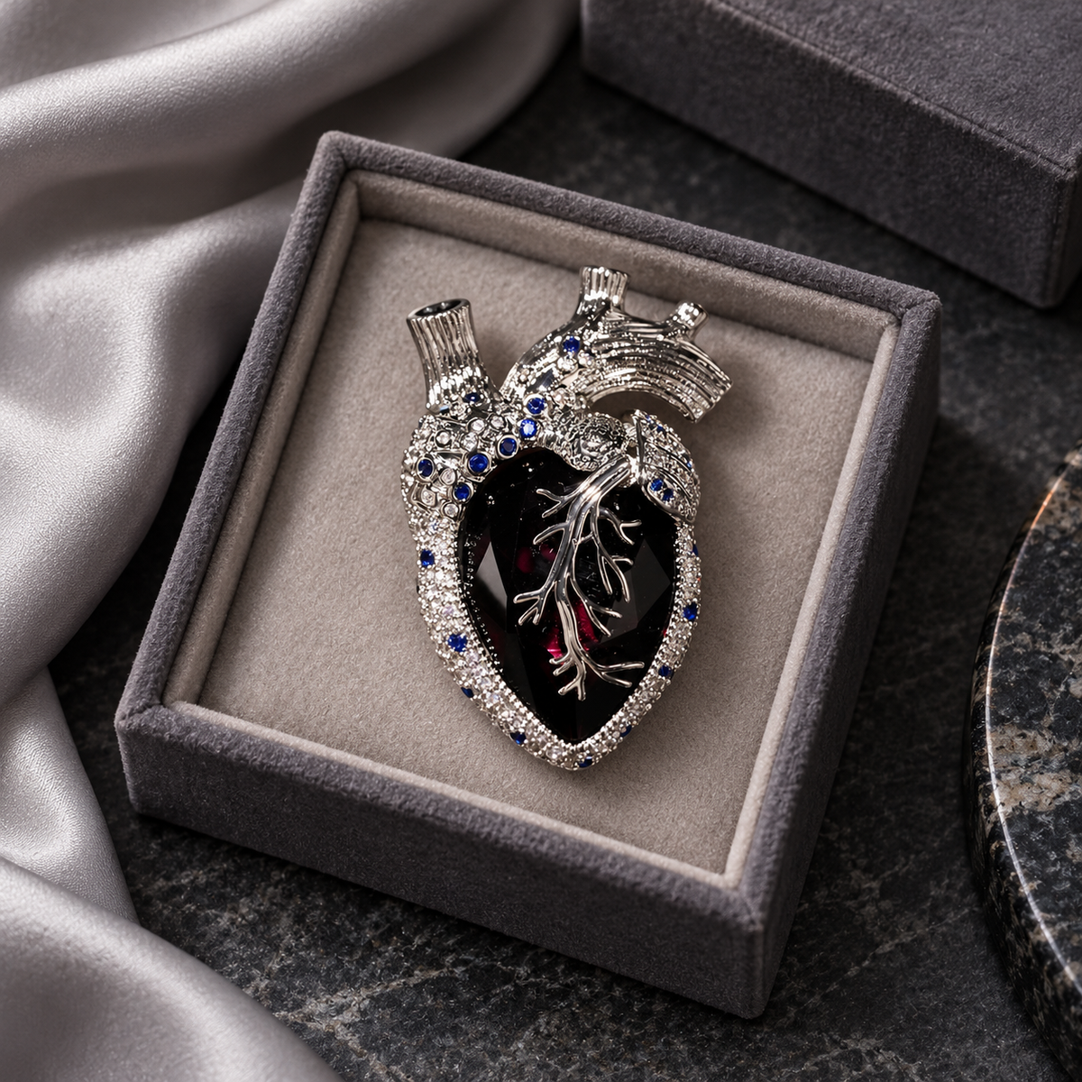 Silver Tone Purple with Blue Accents anatomical heart brooch in a tabletop display