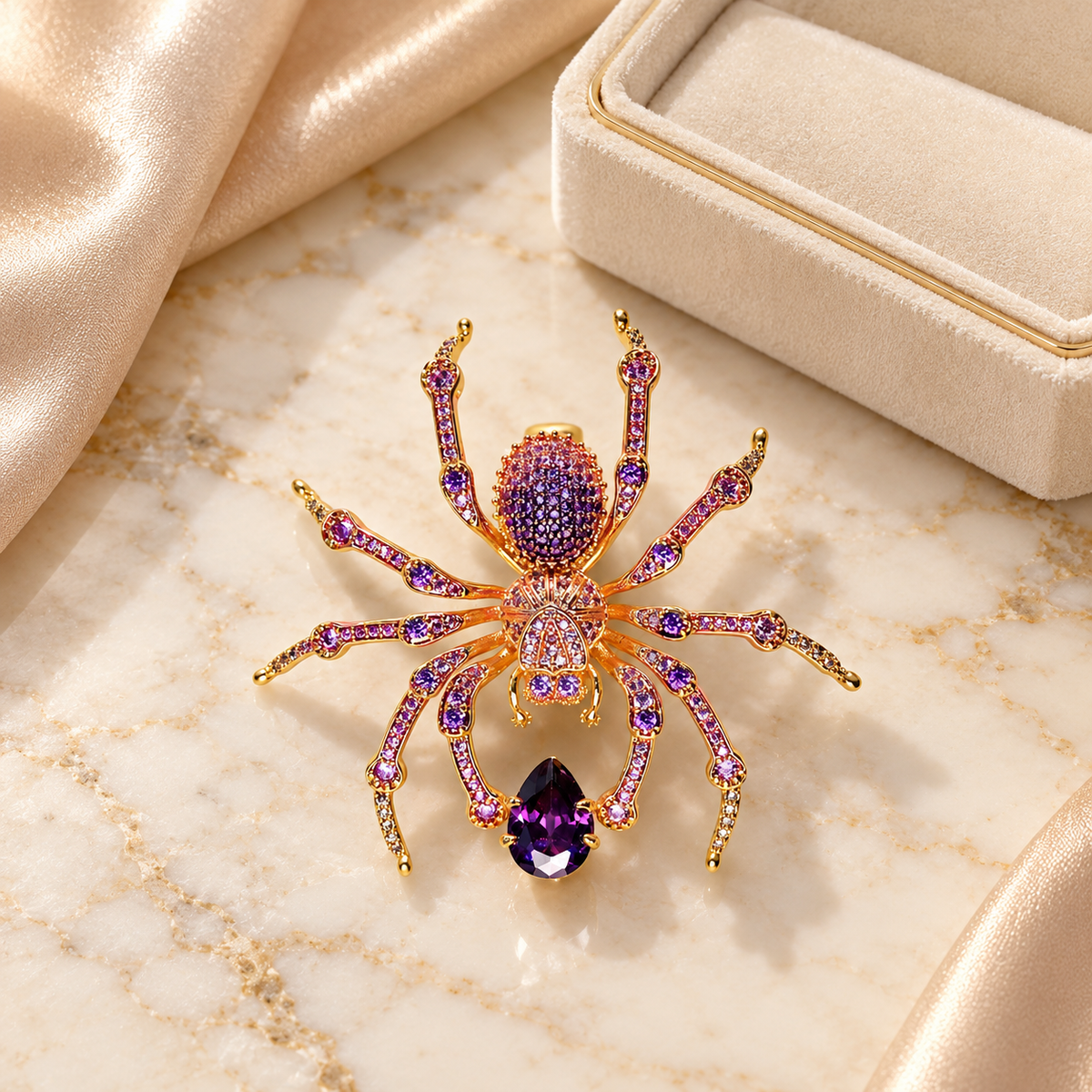 Gradient Deep Purple spider brooch in a tabletop display