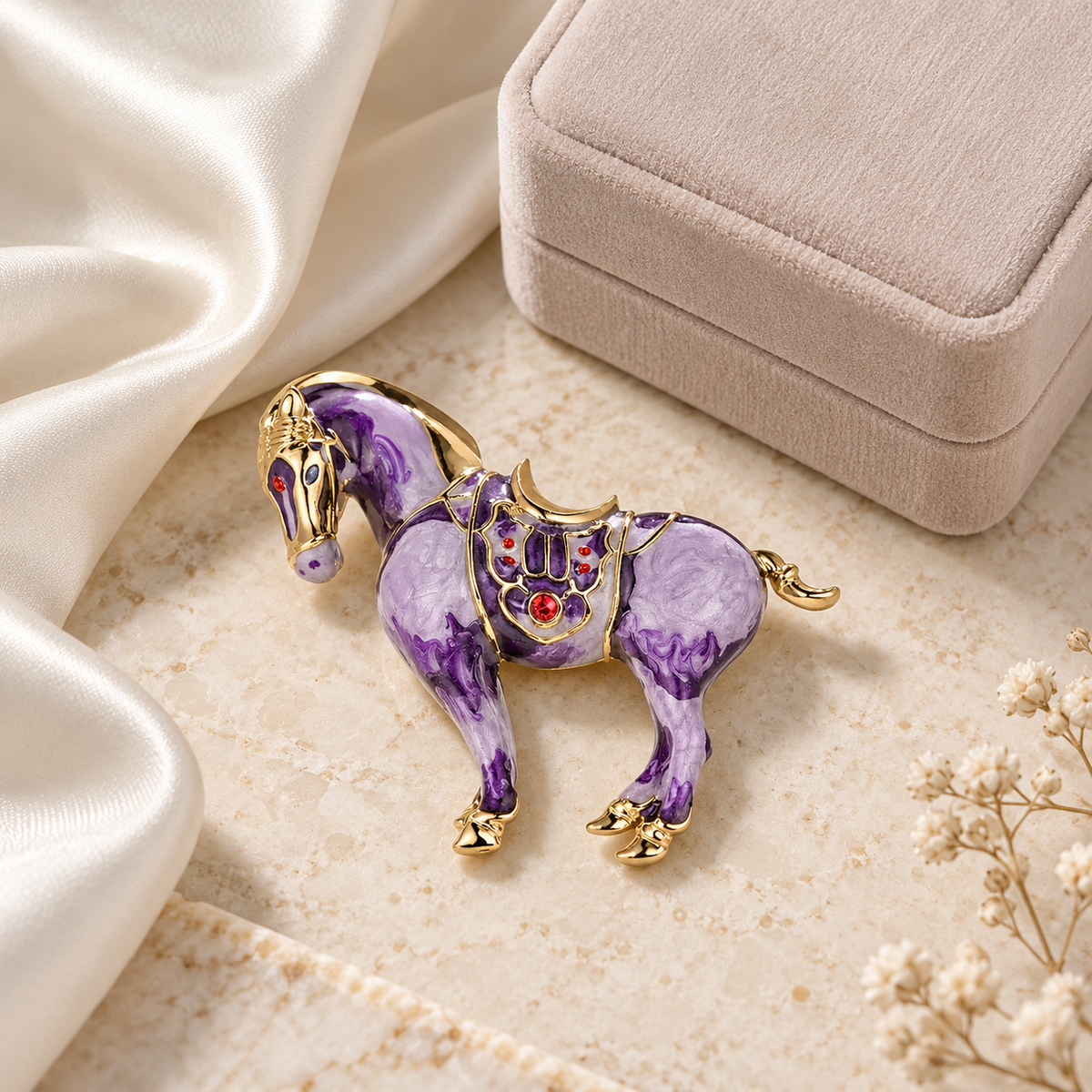 Purple horse brooch styled in a tabletop setting